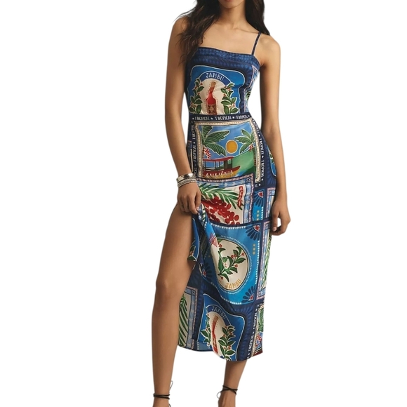 FARM Rio Square Neck Bandana Blue and Green Tropical Midi Dress Size S - Picture 7 of 10